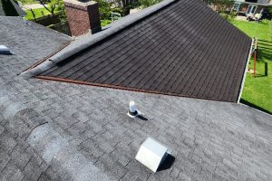 1000039158 - Integrity 1st Roofing Flat-angled roof with gray shingles, featuring a vent pipe and a white vent cap against a sunny backdrop of green yard and neighboring houses