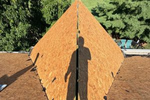 item_16bd9965-4965-48c0-b209-ffcd1cd89974 - Integrity 1st Roofing Shadow of a person on a pitched plywood roof under construction, with trees in the background and a central ridge line visible.
