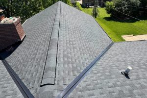 item_6a3aafed-dd60-424b-8049-52fe65b9174e - Integrity 1st Roofing Aerial view of a gray shingle roof with a central ridge vent, a brick chimney on the left, and a roof vent on the right; green yard in the background.
