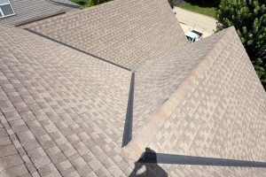 item_9dfc4f25-1a0c-4de2-8fa1-c49c33be4e4f - Integrity 1st Roofing Aerial view of a brown asphalt shingle roof with intersecting ridges and a vent pipe; the photographer's shadow is visible on the surface.