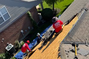 item_a96e85c6-1afc-40d8-8962-a64bdae0b610 - Integrity 1st Roofing Three construction workers on a pitched roof install new plywood underlayment and dark shingles next to a brick house with a green lawn below.