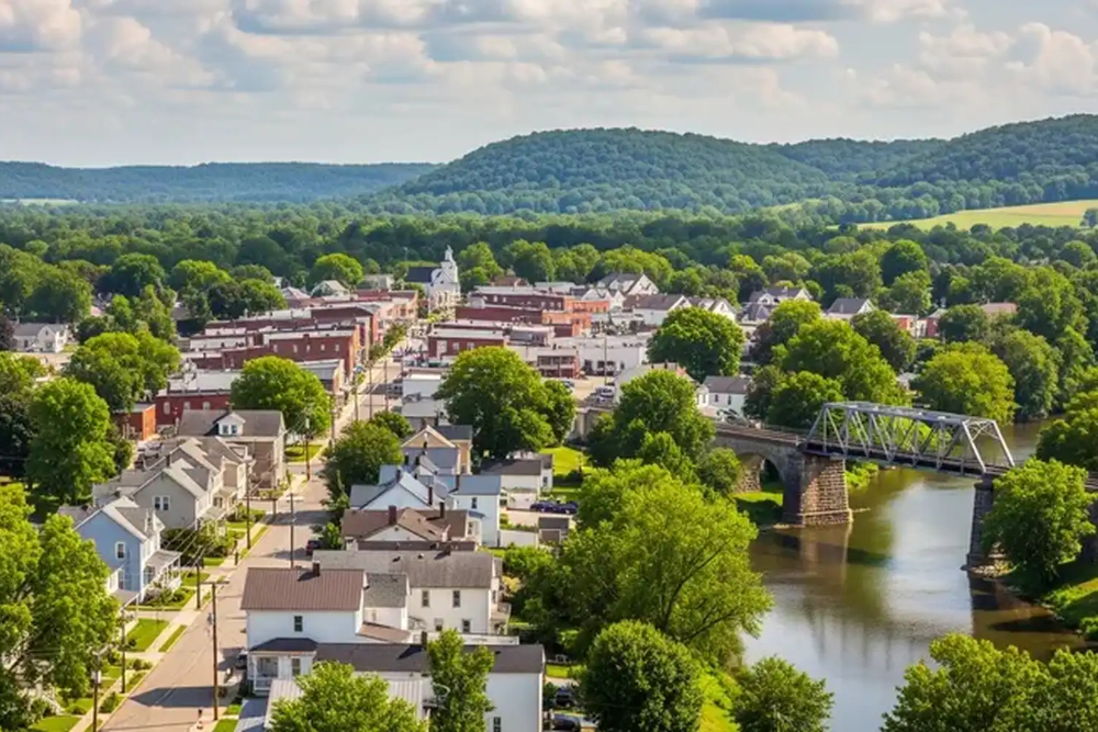 Morrow Ohio - Integrity 1st Roofing Aerial view of a small town along a river with a metal truss bridge and green hills in the background near treed streets and roofs съ.