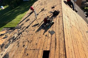 Roof Replacement14 - Integrity 1st Roofing Roof workers in red shirts replace shingles on a sloped roof; scattered plywood and debris nearby on a sunny day